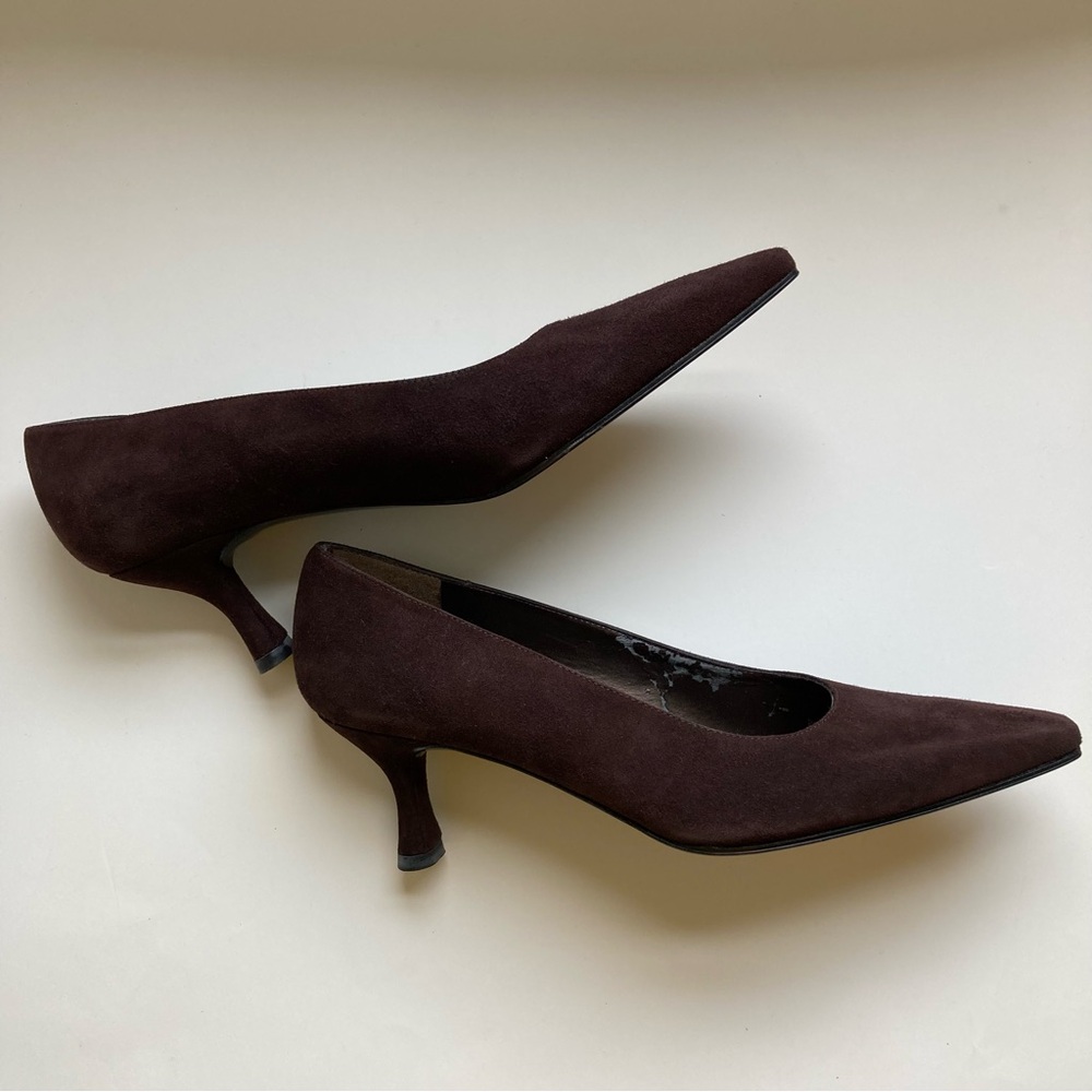 Stuart Weitzman Cola Brown Suede Leather Soled Pointed Toe Kitten Heel Pumps 8.5 - Picture 3 of 14